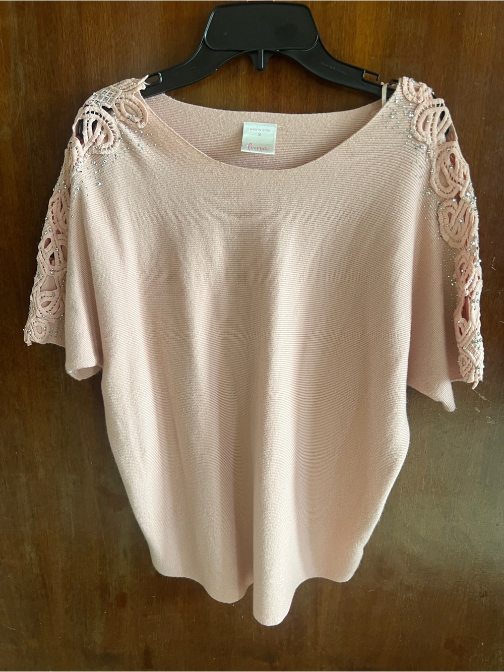 Light Pink Embellished Crochet Sleeve Women's Top